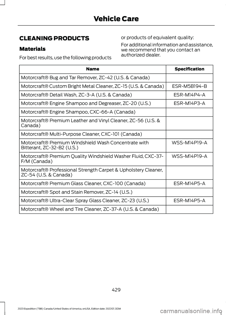 FORD EXPEDITION 2023  Owners Manual CLEANING PRODUCTS
Materials
For best results, use the following products
or products of equivalent quality:
For additional information and assistance,we recommend that you contact anauthorized dealer.