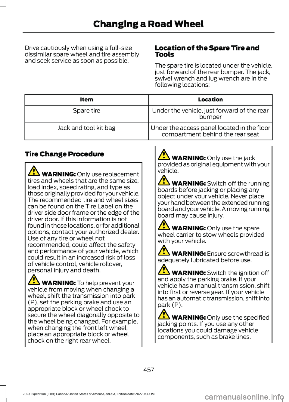 FORD EXPEDITION 2023 Owners Manual Drive cautiously when using a full-sizedissimilar spare wheel and tire assemblyand seek service as soon as possible.
Location of the Spare Tire andTools
The spare tire is located under the vehicle,jus FORD EXPEDITION 2023 Owners Manual Drive cautiously when using a full-sizedissimilar spare wheel and tire assemblyand seek service as soon as possible.
Location of the Spare Tire andTools
The spare tire is located under the vehicle,jus