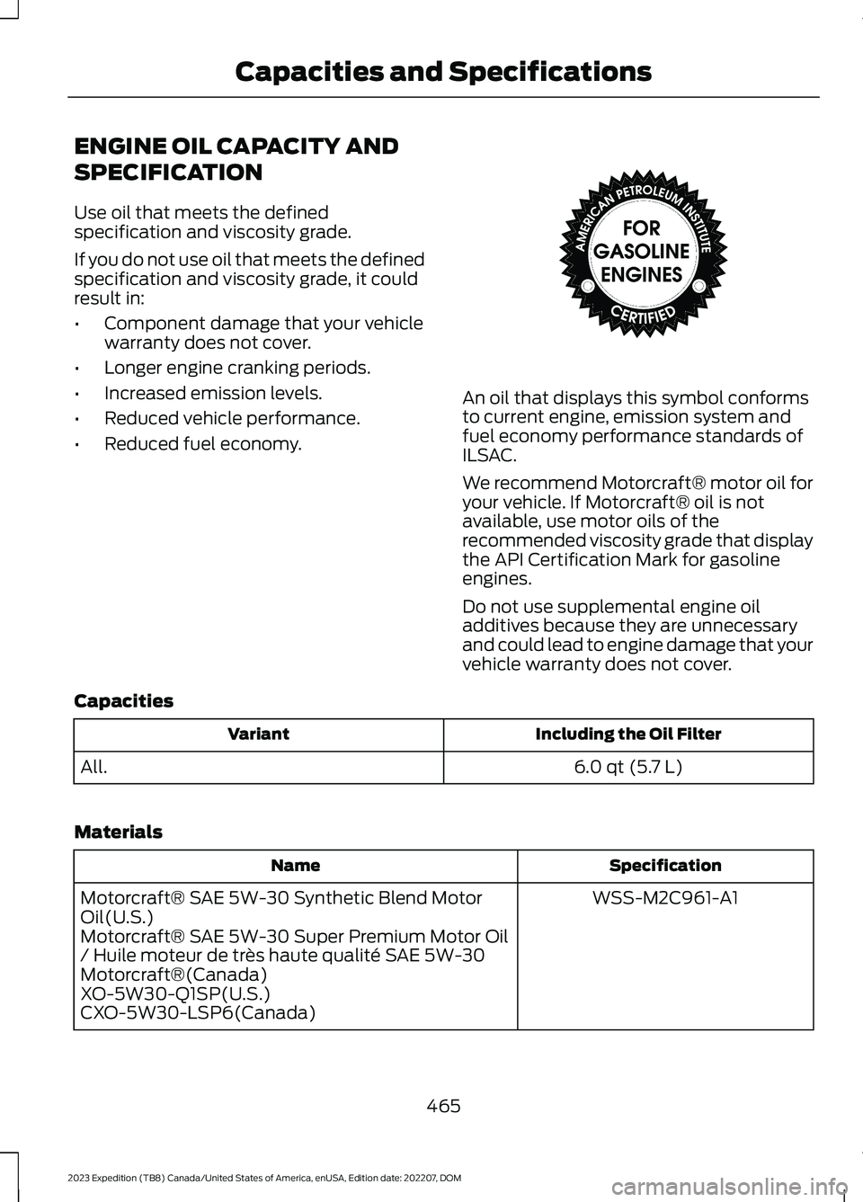 FORD EXPEDITION 2023 Owners Manual ENGINE OIL CAPACITY AND
SPECIFICATION
Use oil that meets the definedspecification and viscosity grade.
If you do not use oil that meets the definedspecification and viscosity grade, it couldresult in: FORD EXPEDITION 2023 Owners Manual ENGINE OIL CAPACITY AND
SPECIFICATION
Use oil that meets the definedspecification and viscosity grade.
If you do not use oil that meets the definedspecification and viscosity grade, it couldresult in: