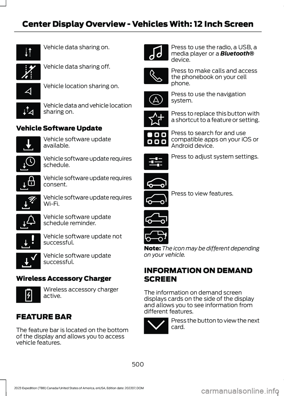 FORD EXPEDITION 2023 Owners Manual Vehicle data sharing on.
Vehicle data sharing off.
Vehicle location sharing on.
Vehicle data and vehicle locationsharing on.
Vehicle Software Update
Vehicle software updateavailable.
Vehicle software FORD EXPEDITION 2023 Owners Manual Vehicle data sharing on.
Vehicle data sharing off.
Vehicle location sharing on.
Vehicle data and vehicle locationsharing on.
Vehicle Software Update
Vehicle software updateavailable.
Vehicle software