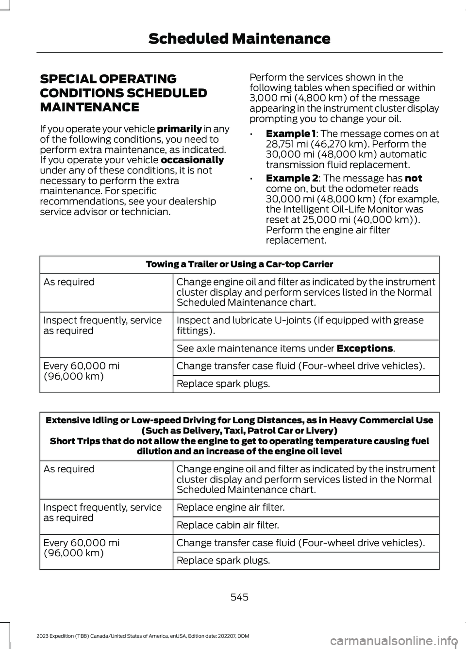 FORD EXPEDITION 2023 Owners Manual SPECIAL OPERATING
CONDITIONS SCHEDULED
MAINTENANCE
If you operate your vehicle primarily in anyof the following conditions, you need toperform extra maintenance, as indicated.If you operate your vehic FORD EXPEDITION 2023 Owners Manual SPECIAL OPERATING
CONDITIONS SCHEDULED
MAINTENANCE
If you operate your vehicle primarily in anyof the following conditions, you need toperform extra maintenance, as indicated.If you operate your vehic