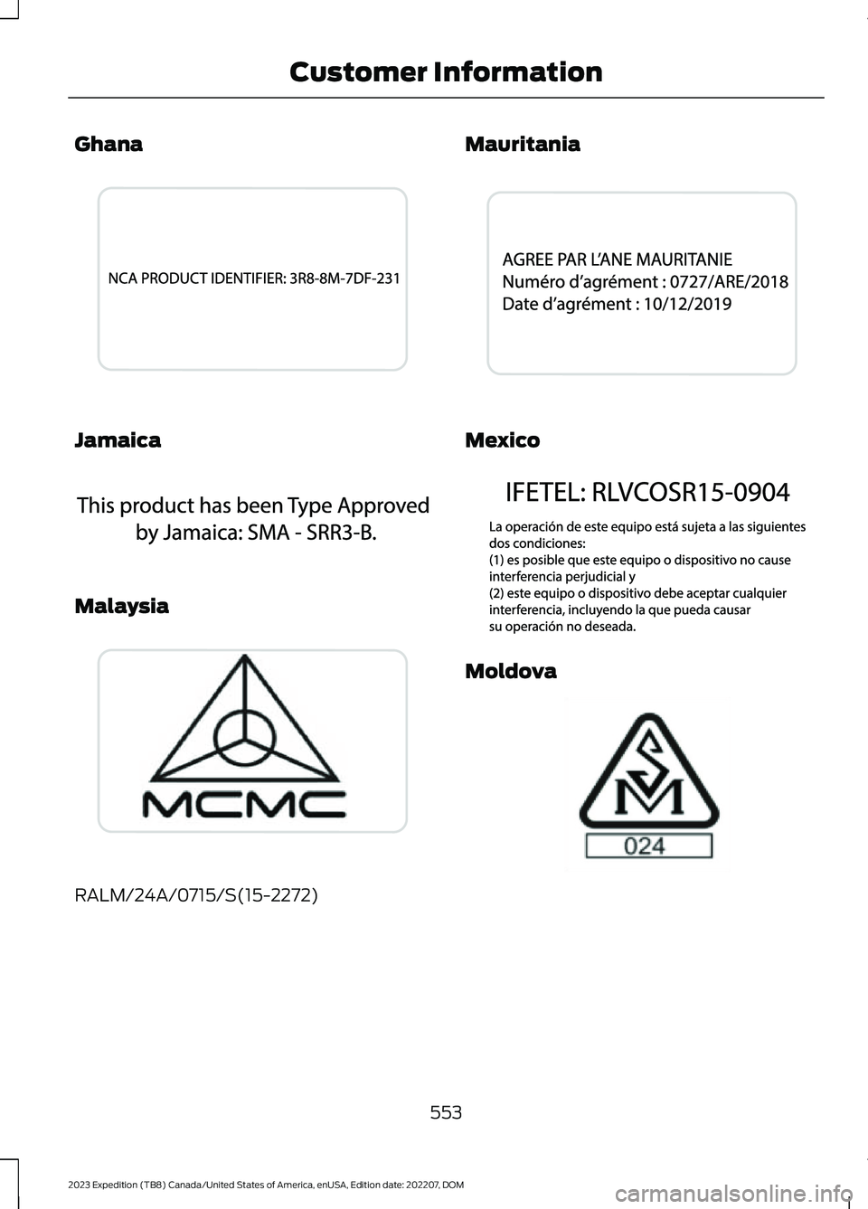 FORD EXPEDITION 2023  Owners Manual Ghana
Jamaica
Malaysia
RALM/24A/0715/S(15-2272)
Mauritania
Mexico
Moldova
553
2023 Expedition (TB8) Canada/United States of America, enUSA, Edition date: 202207, DOMCustomer InformationE269695  E34051