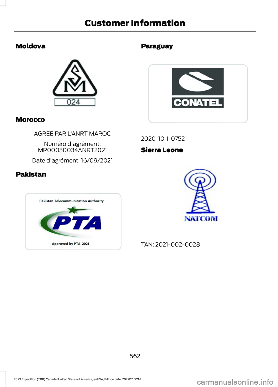 FORD EXPEDITION 2023  Owners Manual Moldova
Morocco
AGREE PAR L'ANRT MAROC
Numéro d'agrément:MR00030034ANRT2021
Date d'agrément: 16/09/2021
Pakistan
Paraguay
2020-10-I-0752
Sierra Leone
TAN: 2021-002-0028
562
2023 Expedit