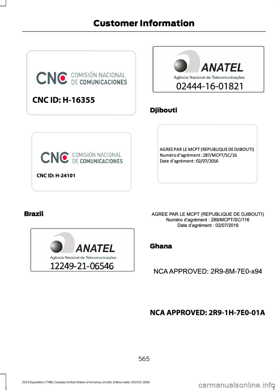FORD EXPEDITION 2023  Owners Manual Brazil
Djibouti
Ghana
565
2023 Expedition (TB8) Canada/United States of America, enUSA, Edition date: 202207, DOMCustomer InformationE340119  E342143  E372151  E340120  E343017  E340306  E340317  E340