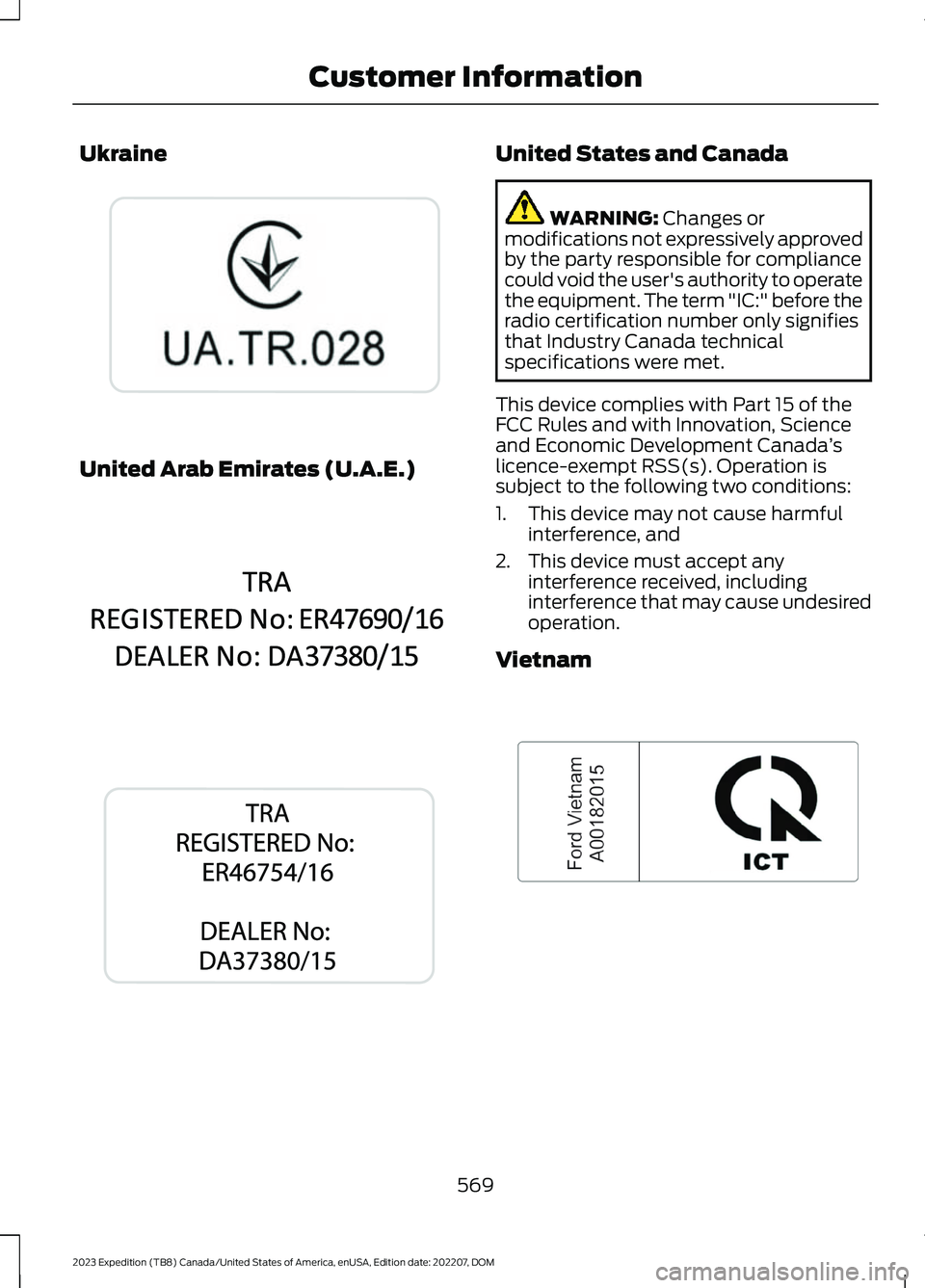 FORD EXPEDITION 2023  Owners Manual Ukraine
United Arab Emirates (U.A.E.)
United States and Canada
WARNING: Changes ormodifications not expressively approvedby the party responsible for compliancecould void the user's authority to o