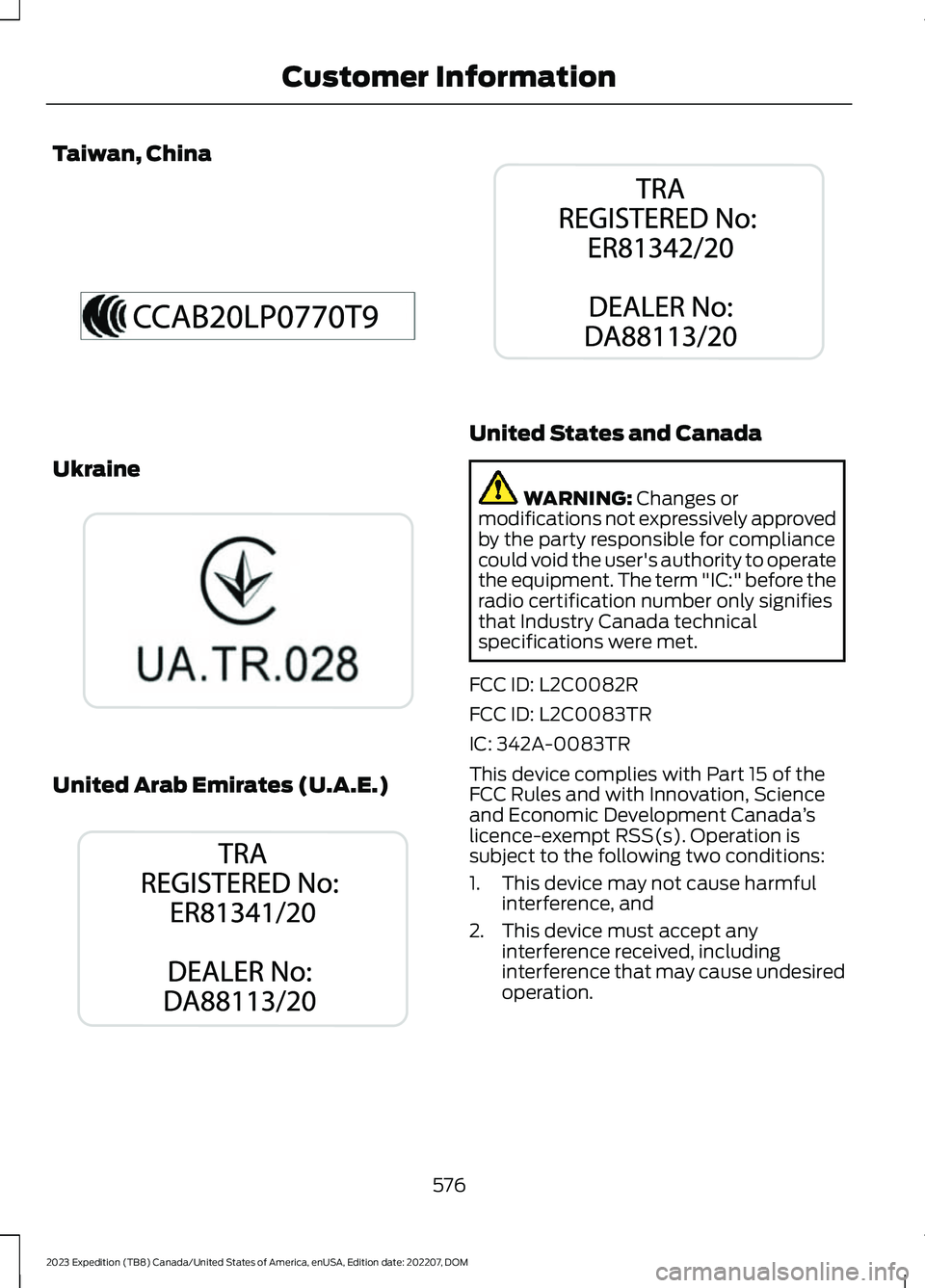 FORD EXPEDITION 2023  Owners Manual Taiwan, China
Ukraine
United Arab Emirates (U.A.E.)
United States and Canada
WARNING: Changes ormodifications not expressively approvedby the party responsible for compliancecould void the user's 