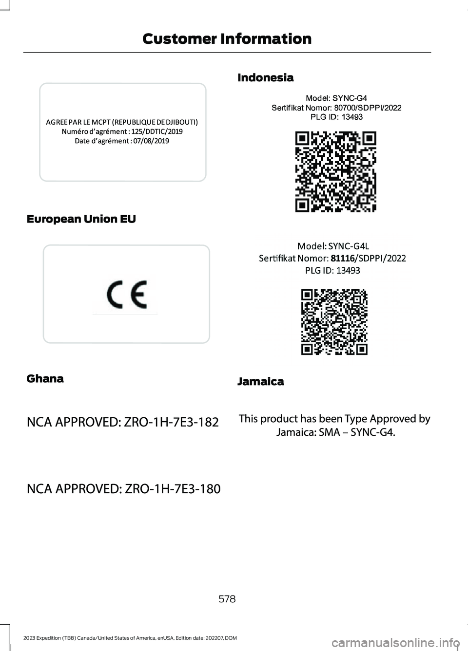 FORD EXPEDITION 2023  Owners Manual European Union EU
Ghana
Indonesia
Jamaica
578
2023 Expedition (TB8) Canada/United States of America, enUSA, Edition date: 202207, DOMCustomer InformationE342511  E310043  E338082  E338203  E380500  E3