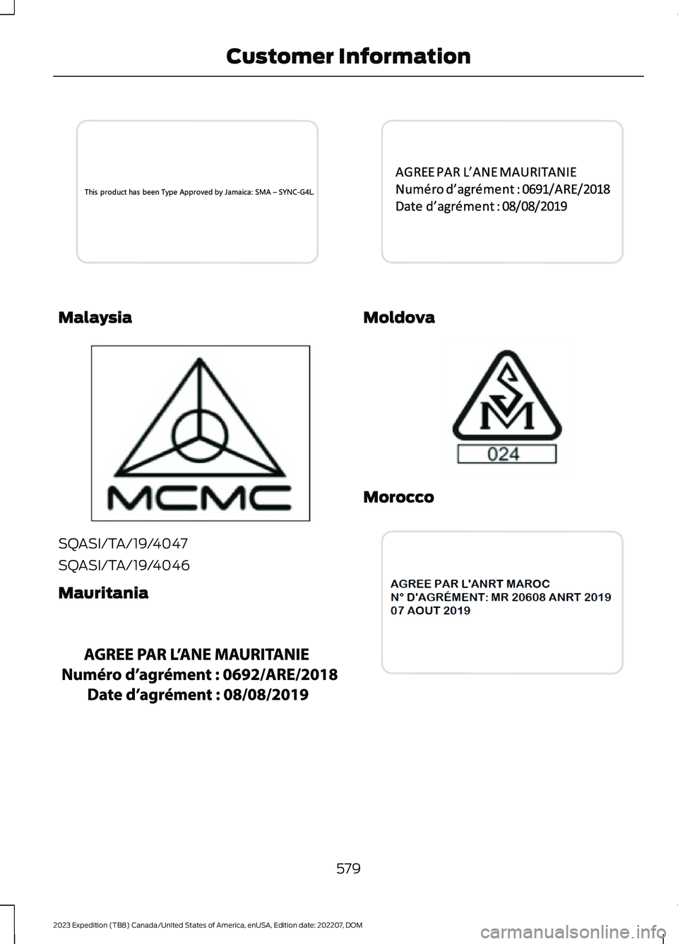 FORD EXPEDITION 2023  Owners Manual Malaysia
SQASI/TA/19/4047
SQASI/TA/19/4046
Mauritania
Moldova
Morocco
579
2023 Expedition (TB8) Canada/United States of America, enUSA, Edition date: 202207, DOMCustomer InformationE342512  E339836  E
