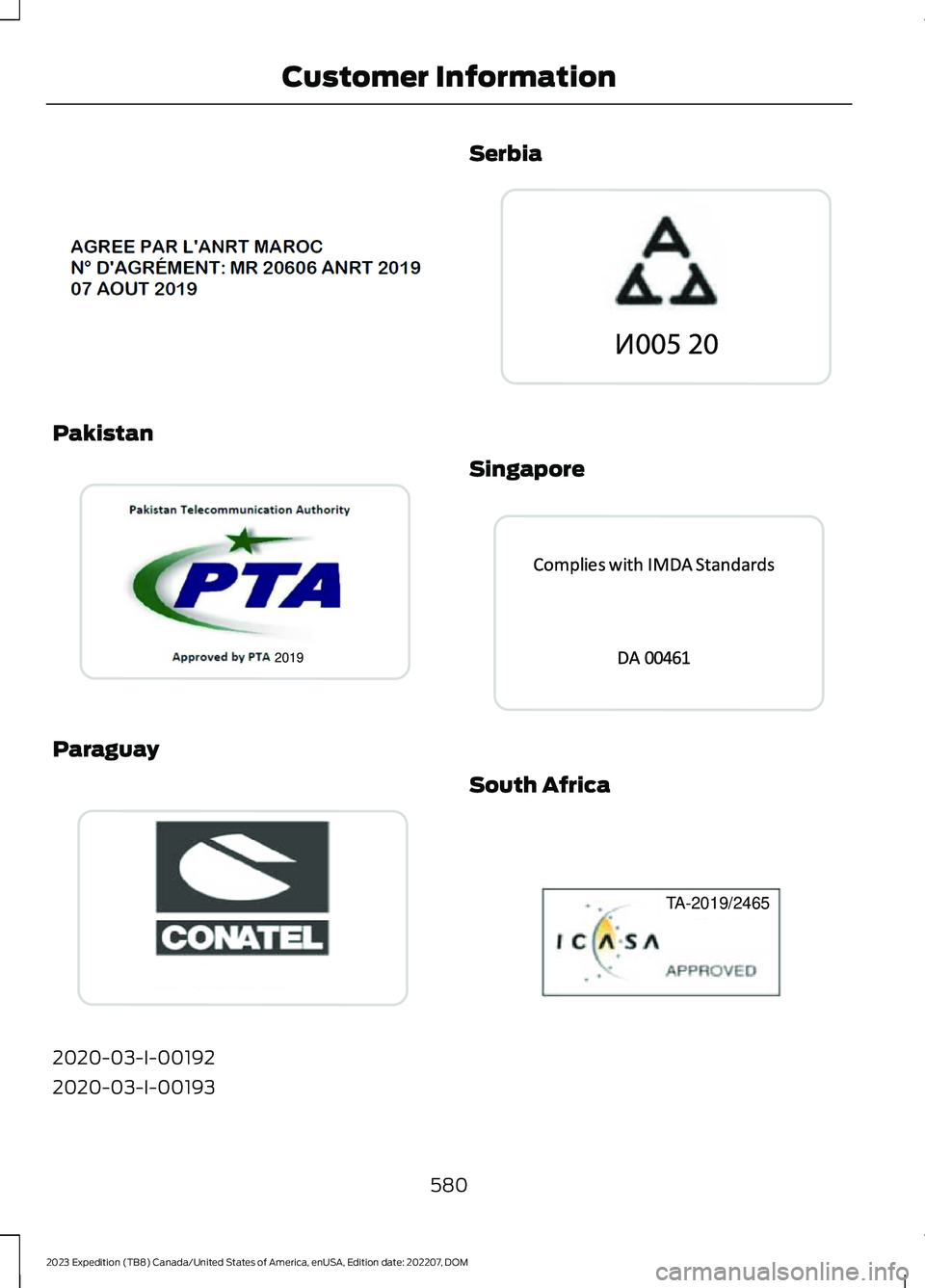 FORD EXPEDITION 2023  Owners Manual Pakistan
Paraguay
2020-03-I-00192
2020-03-I-00193
Serbia
Singapore
South Africa
580
2023 Expedition (TB8) Canada/United States of America, enUSA, Edition date: 202207, DOMCustomer InformationE338205  