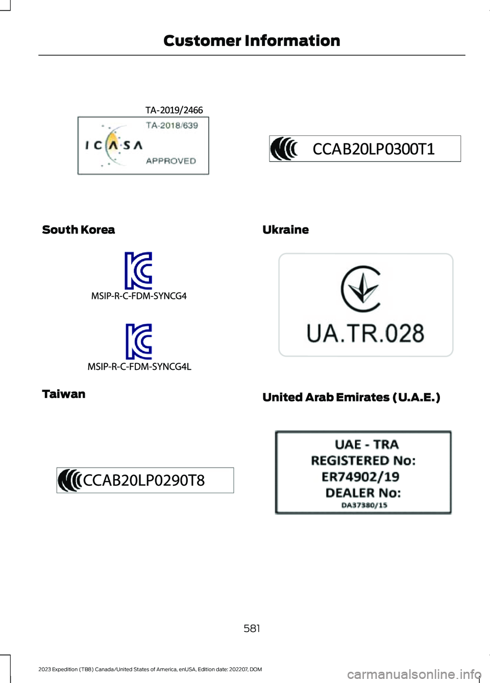FORD EXPEDITION 2023  Owners Manual South Korea
Taiwan
Ukraine
United Arab Emirates (U.A.E.)
581
2023 Expedition (TB8) Canada/United States of America, enUSA, Edition date: 202207, DOMCustomer InformationE342514  E338087  E338206  E3424