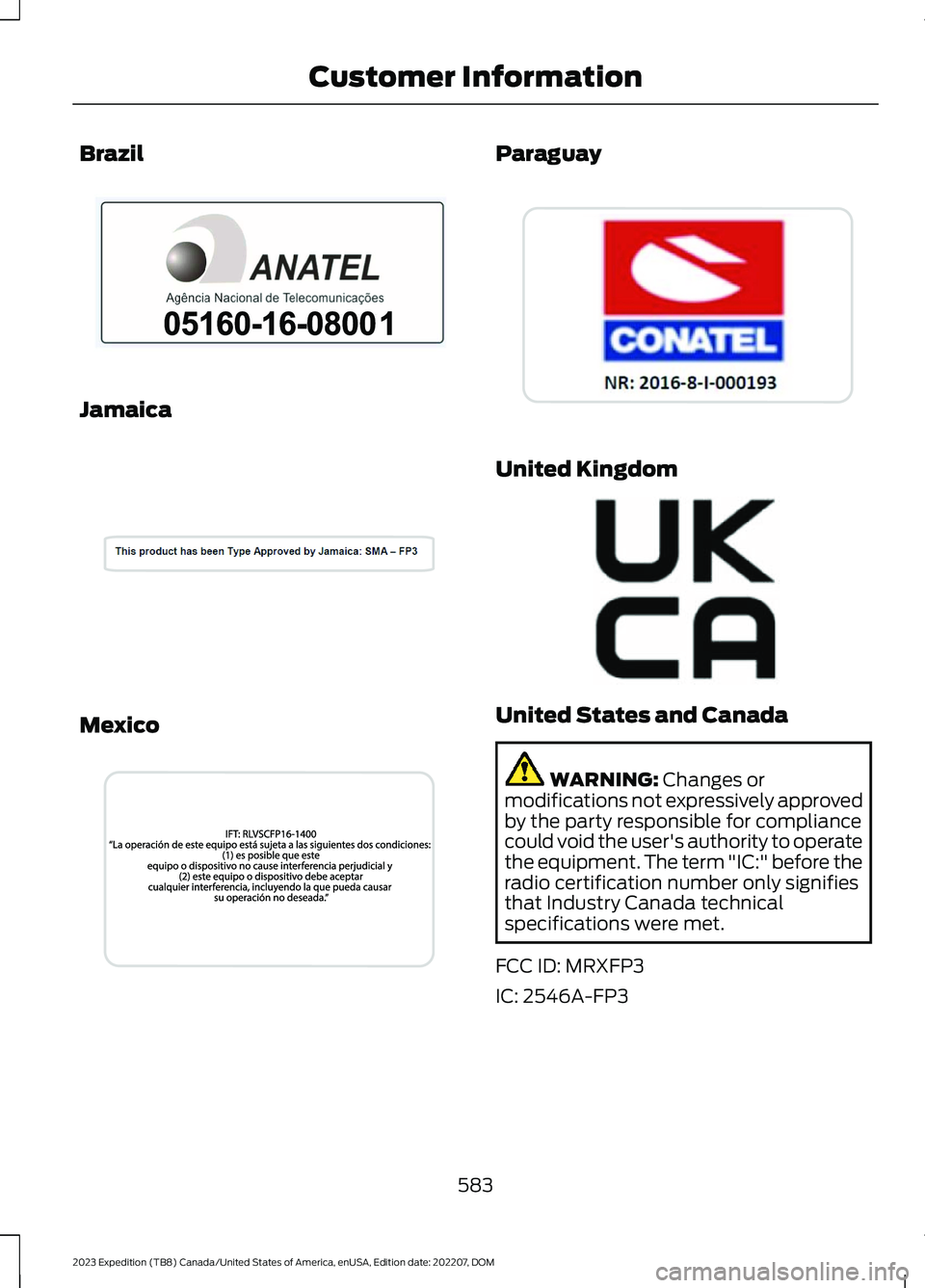 FORD EXPEDITION 2023  Owners Manual Brazil
Jamaica
Mexico
Paraguay
United Kingdom
United States and Canada
WARNING: Changes ormodifications not expressively approvedby the party responsible for compliancecould void the user's author