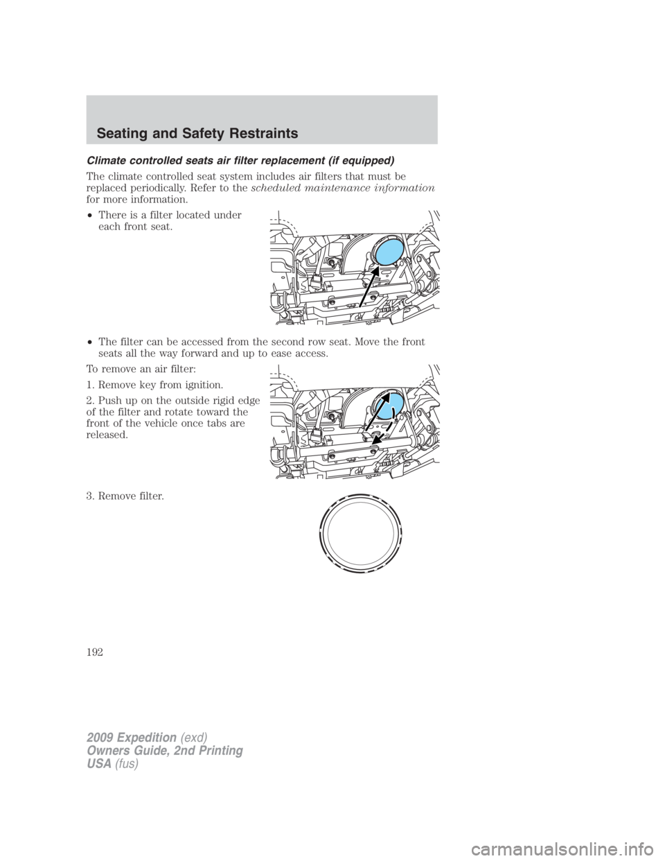 FORD EXPEDITION EL 2009  Owners Manual Climate controlled seats air filter replacement (if equipped)
The climate controlled seat system includes air filters that must be
replaced periodically. Refer to the scheduled maintenance information