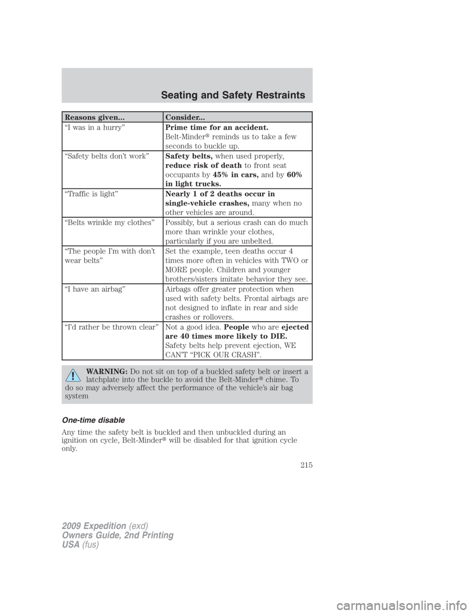 FORD EXPEDITION EL 2009  Owners Manual Reasons given... Consider...
“I was in a hurry” Prime time for an accident.
Belt-Minder  reminds us to take a few
seconds to buckle up.
“Safety belts don’t work” Safety belts, when used pro