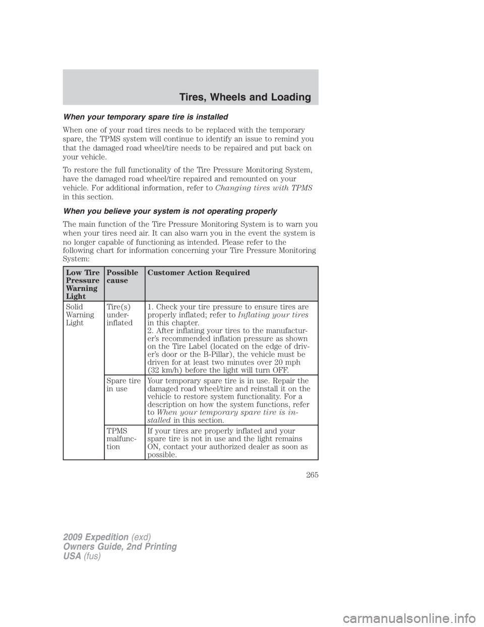 FORD EXPEDITION EL 2009 Owners Manual When your temporary spare tire is installed
When one of your road tires needs to be replaced with the temporary
spare, the TPMS system will continue to identify an issue to remind you
that the damaged FORD EXPEDITION EL 2009 Owners Manual When your temporary spare tire is installed
When one of your road tires needs to be replaced with the temporary
spare, the TPMS system will continue to identify an issue to remind you
that the damaged