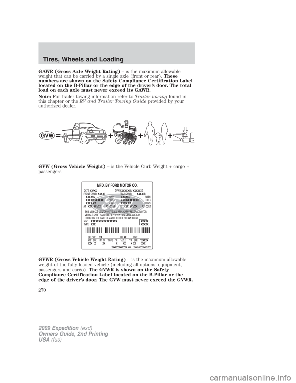 FORD EXPEDITION EL 2009 Owners Manual GAWR (Gross Axle Weight Rating) – is the maximum allowable
weight that can be carried by a single axle (front or rear). These
numbers are shown on the Safety Compliance Certification Label
located o FORD EXPEDITION EL 2009 Owners Manual GAWR (Gross Axle Weight Rating) – is the maximum allowable
weight that can be carried by a single axle (front or rear). These
numbers are shown on the Safety Compliance Certification Label
located o