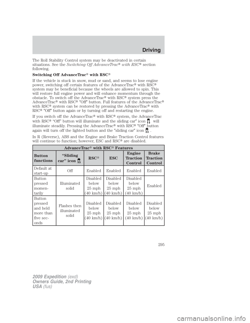 FORD EXPEDITION EL 2009  Owners Manual The Roll Stability Control system may be deactivated in certain
situations. See the Switching Off AdvanceTrac  with RSC  section
following.
Switching Off AdvanceTrac  with RSC 
If the vehicle is s