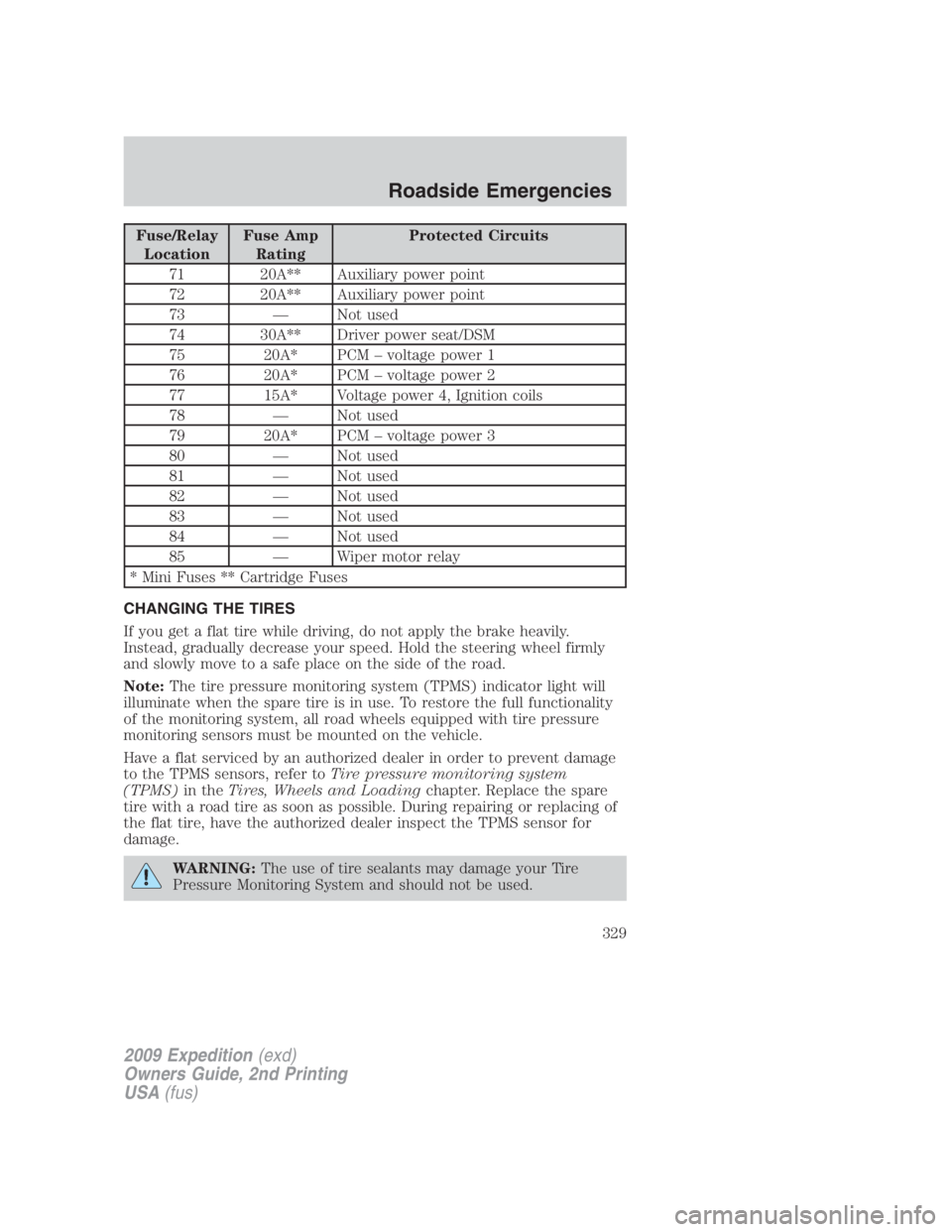 FORD EXPEDITION EL 2009 Owners Manual Fuse/Relay
Location Fuse Amp
Rating Protected Circuits
71 20A** Auxiliary power point
72 20A** Auxiliary power point
73 — Not used
74 30A** Driver power seat/DSM
75 20A* PCM – voltage power 1
76 2 FORD EXPEDITION EL 2009 Owners Manual Fuse/Relay
Location Fuse Amp
Rating Protected Circuits
71 20A** Auxiliary power point
72 20A** Auxiliary power point
73 — Not used
74 30A** Driver power seat/DSM
75 20A* PCM – voltage power 1
76 2