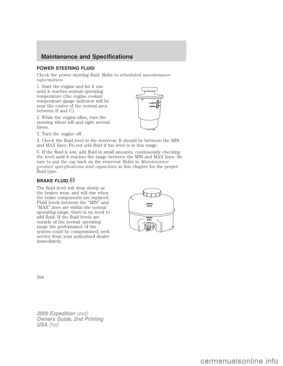 FORD EXPEDITION EL 2009  Owners Manual POWER STEERING FLUID
Check the power steering fluid. Refer to scheduled maintenance
information.
1. Start the engine and let it run
until it reaches normal operating
temperature (the engine coolant
te