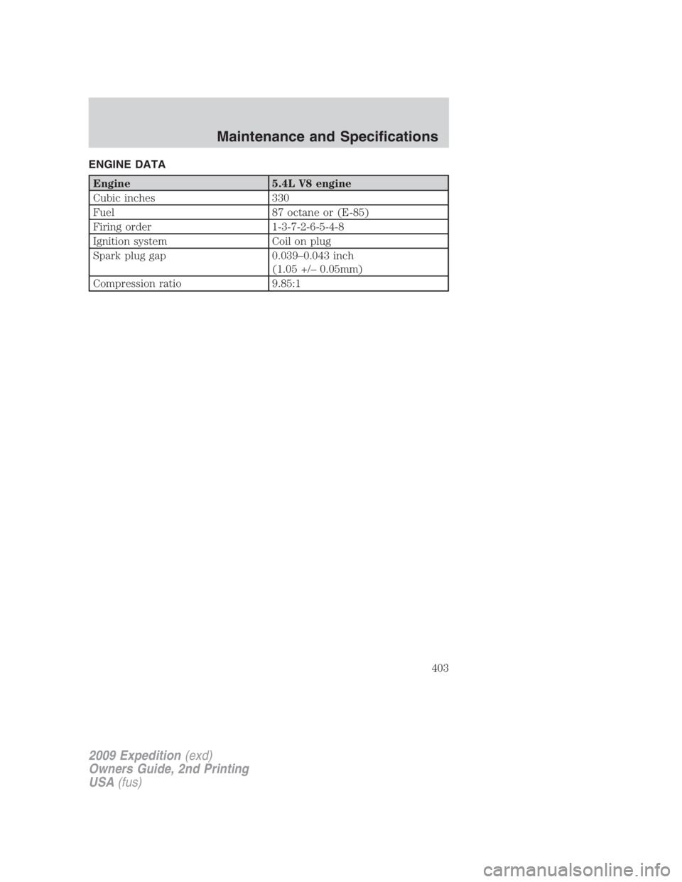 FORD EXPEDITION EL 2009  Owners Manual ENGINE DATA
Engine 5.4L V8 engine
Cubic inches 330
Fuel 87 octane or (E-85)
Firing order 1-3-7-2-6-5-4-8
Ignition system Coil on plug
Spark plug gap 0.039–0.043 inch
(1.05 +/– 0.05mm)
Compression 