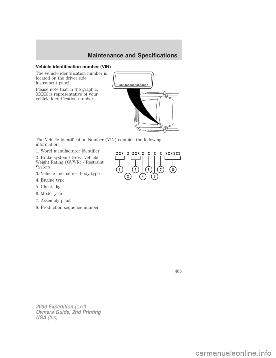FORD EXPEDITION EL 2009  Owners Manual Vehicle identification number (VIN)
The vehicle identification number is
located on the driver side
instrument panel.
Please note that in the graphic,
XXXX is representative of your
vehicle identifica