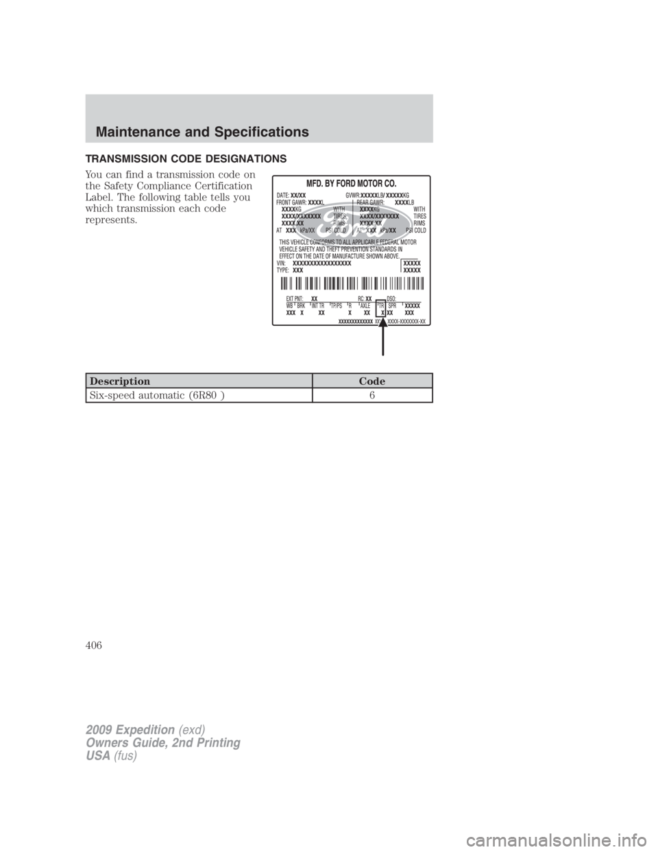 FORD EXPEDITION EL 2009  Owners Manual TRANSMISSION CODE DESIGNATIONS
You can find a transmission code on
the Safety Compliance Certification
Label. The following table tells you
which transmission each code
represents.
Description Code
Si
