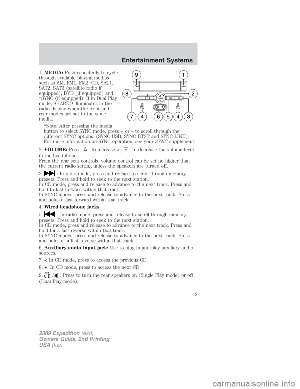 FORD EXPEDITION EL 2009 Service Manual 1. MEDIA: Push repeatedly to cycle
through available playing medias
such as AM, FM1, FM2, CD, SAT1,
SAT2, SAT3 (satellite radio if
equipped), DVD (if equipped) and
*SYNC (if equipped). If in Dual Play