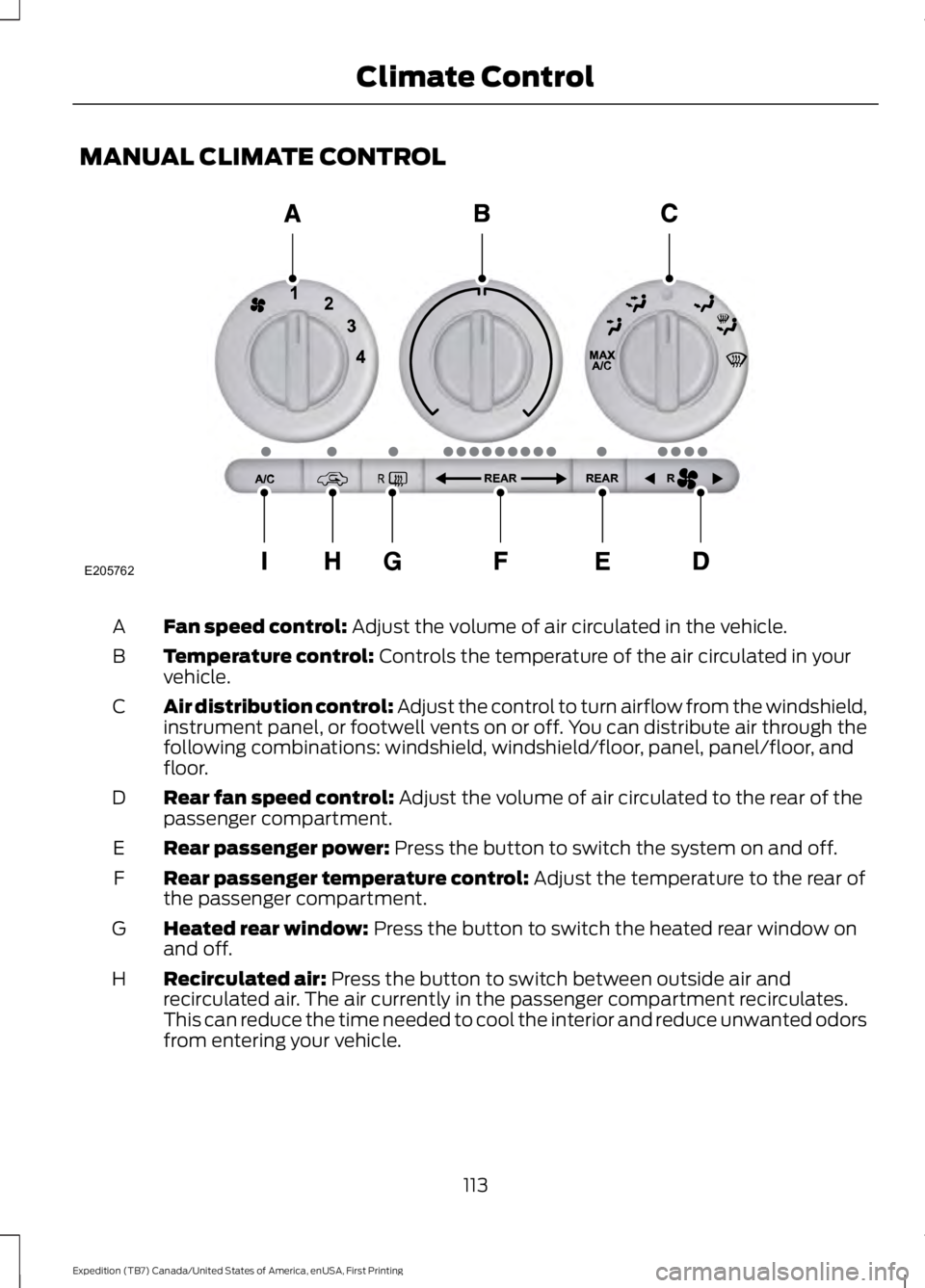 FORD EXPEDITION EL 2016  Owners Manual MANUAL CLIMATE CONTROL
Fan speed control: Adjust the volume of air circulated in the vehicle.A
Temperature control: Controls the temperature of the air circulated in yourvehicle.B
Air distribution con
