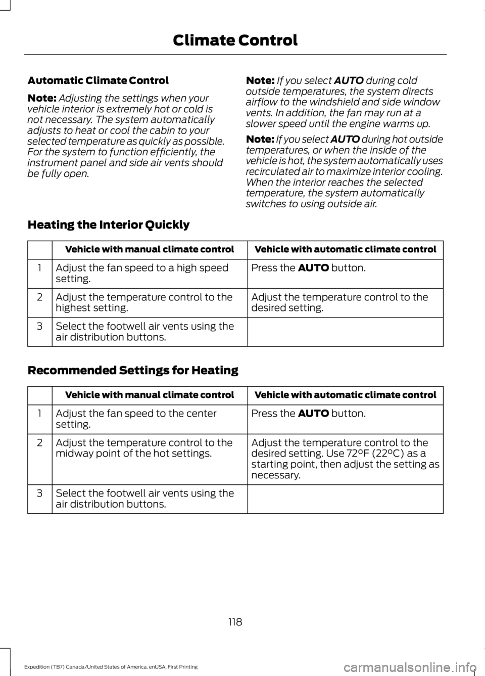 FORD EXPEDITION EL 2016  Owners Manual Automatic Climate Control
Note:Adjusting the settings when yourvehicle interior is extremely hot or cold isnot necessary. The system automaticallyadjusts to heat or cool the cabin to yourselected temp