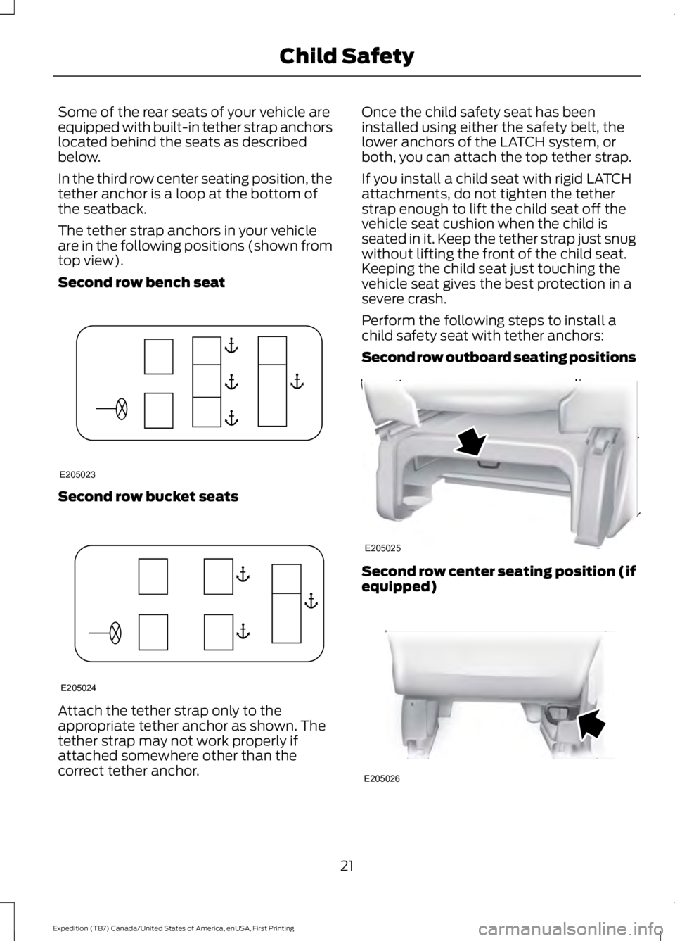 FORD EXPEDITION EL 2016 Owners Manual Some of the rear seats of your vehicle areequipped with built-in tether strap anchorslocated behind the seats as describedbelow.
In the third row center seating position, thetether anchor is a loop at FORD EXPEDITION EL 2016 Owners Manual Some of the rear seats of your vehicle areequipped with built-in tether strap anchorslocated behind the seats as describedbelow.
In the third row center seating position, thetether anchor is a loop at