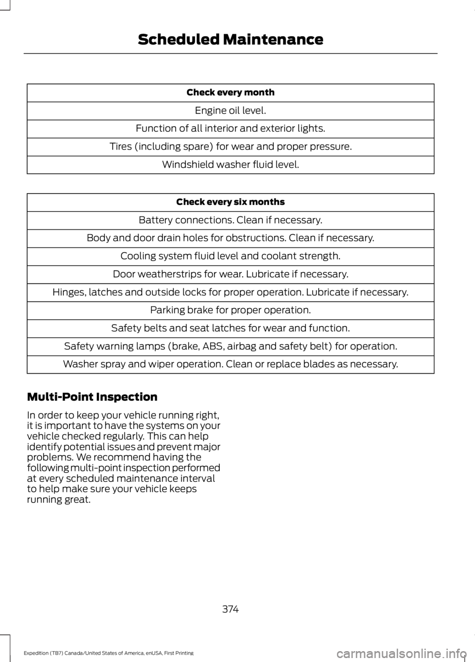FORD EXPEDITION EL 2016  Owners Manual Check every month
Engine oil level.
Function of all interior and exterior lights.
Tires (including spare) for wear and proper pressure.
Windshield washer fluid level.
Check every six months
Battery co