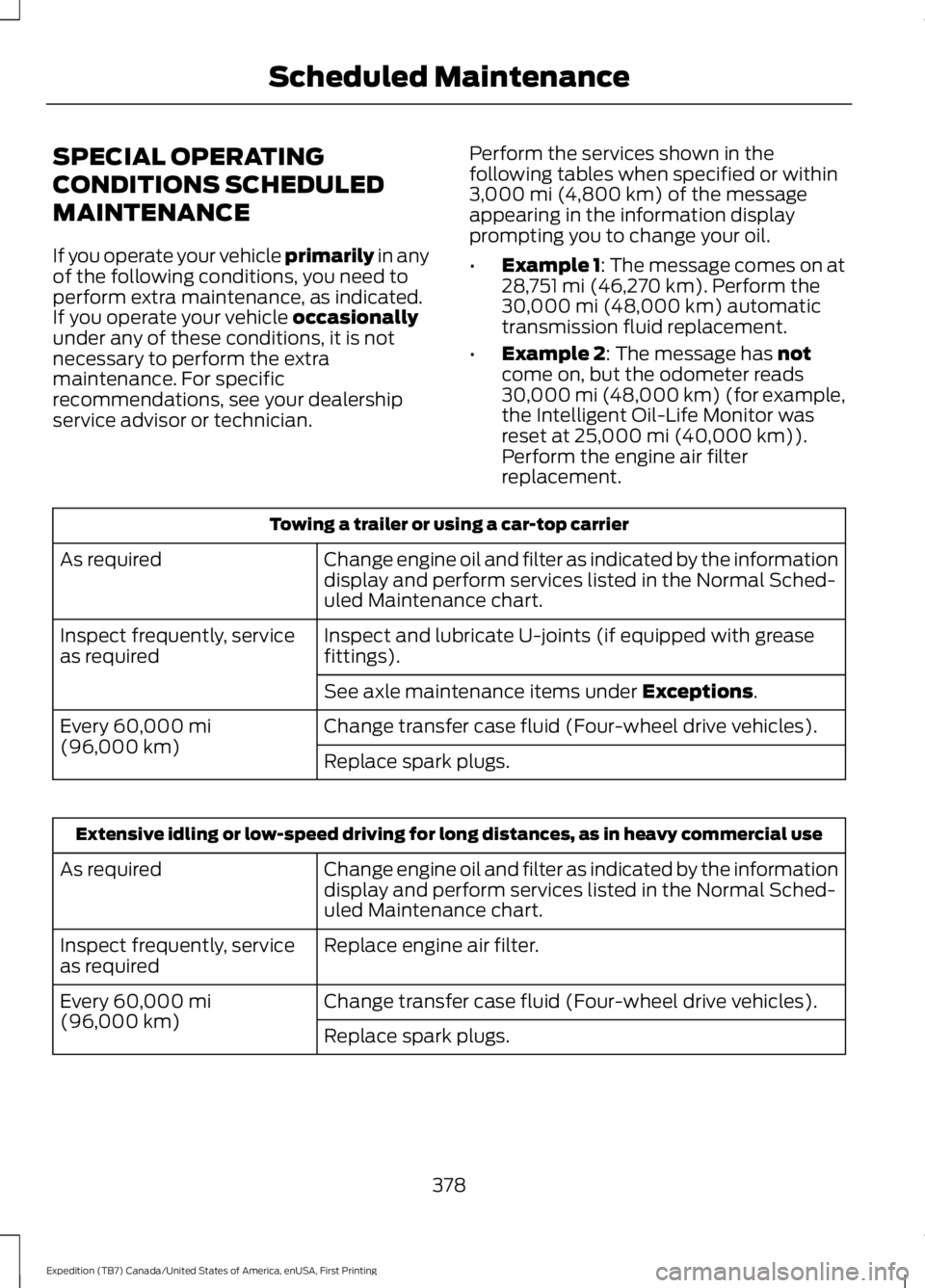 FORD EXPEDITION EL 2016 Owners Guide SPECIAL OPERATING
CONDITIONS SCHEDULED
MAINTENANCE
If you operate your vehicle primarily in anyof the following conditions, you need toperform extra maintenance, as indicated.If you operate your vehic FORD EXPEDITION EL 2016 Owners Guide SPECIAL OPERATING
CONDITIONS SCHEDULED
MAINTENANCE
If you operate your vehicle primarily in anyof the following conditions, you need toperform extra maintenance, as indicated.If you operate your vehic