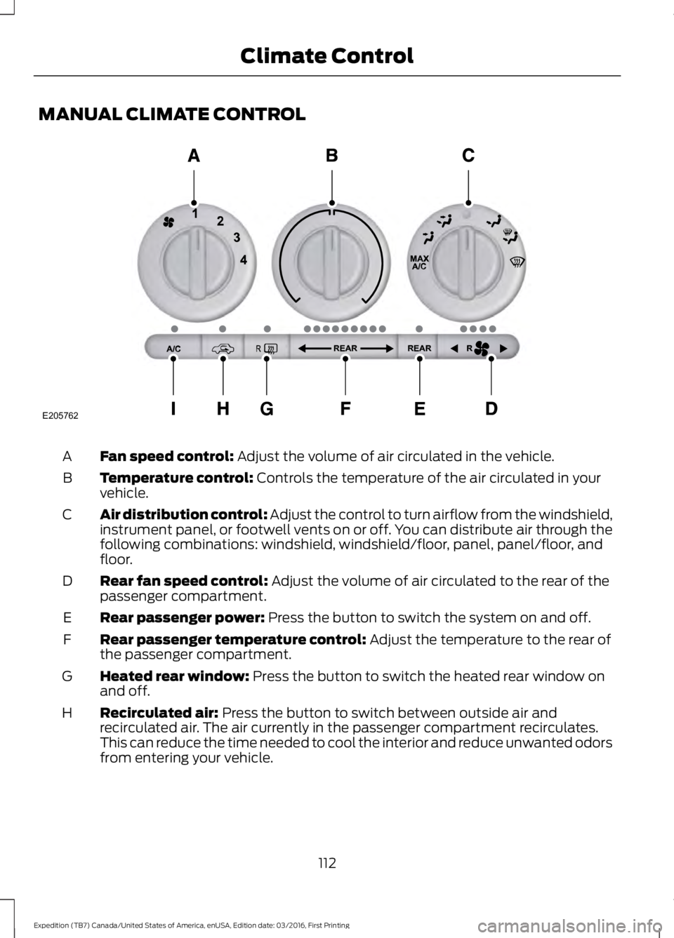 FORD EXPEDITION EL 2017  Owners Manual MANUAL CLIMATE CONTROL
Fan speed control: Adjust the volume of air circulated in the vehicle.A
Temperature control: Controls the temperature of the air circulated in yourvehicle.B
Air distribution con