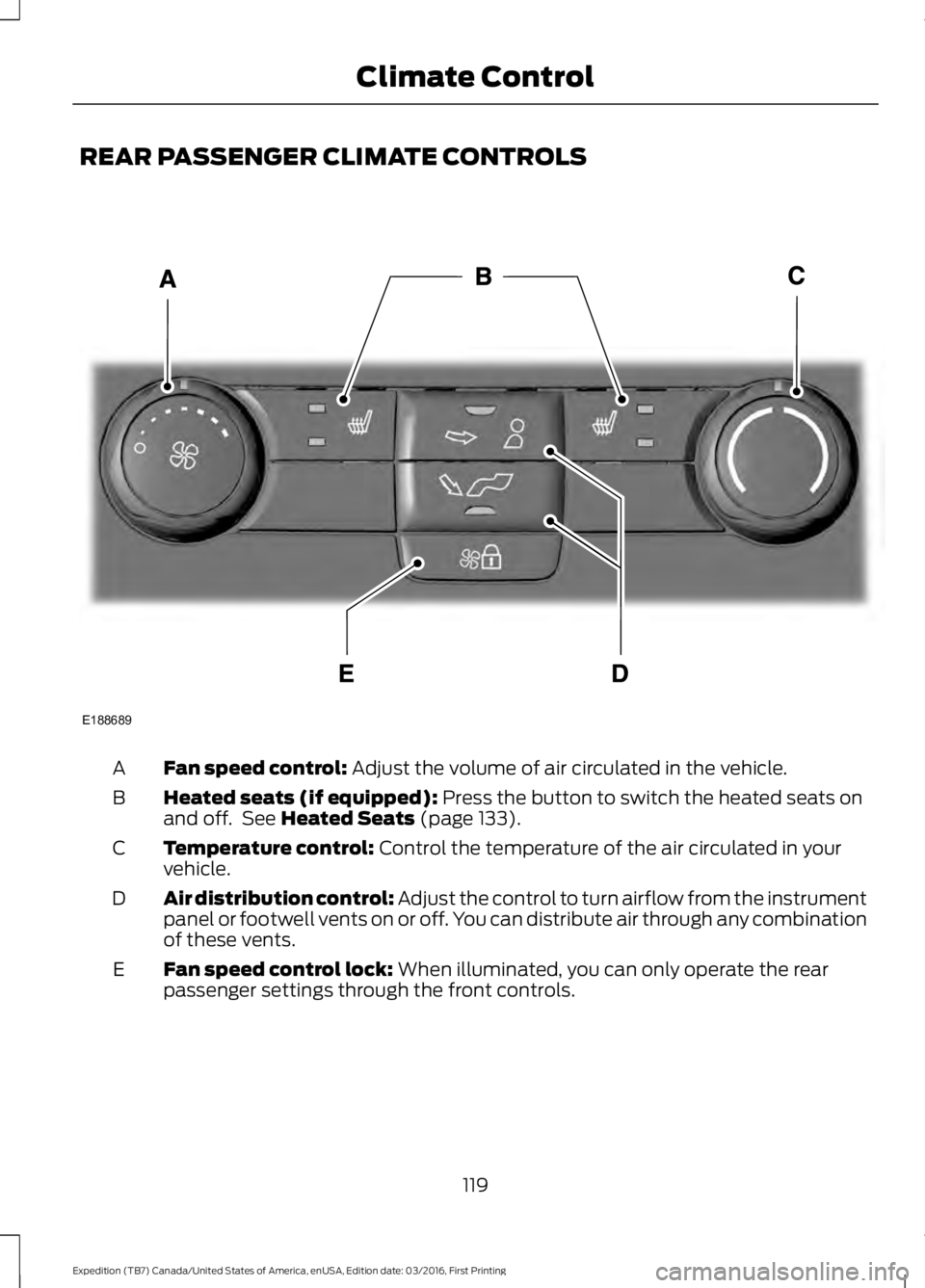 FORD EXPEDITION EL 2017  Owners Manual REAR PASSENGER CLIMATE CONTROLS
Fan speed control: Adjust the volume of air circulated in the vehicle.A
Heated seats (if equipped): Press the button to switch the heated seats onand off.  See Heated S