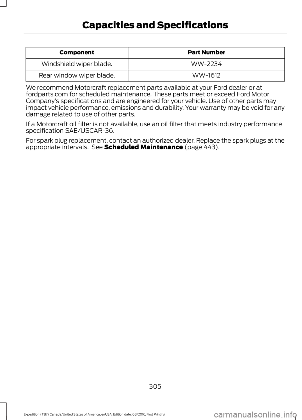 FORD EXPEDITION EL 2017  Owners Manual Part NumberComponent
WW-2234Windshield wiper blade.
WW-1612Rear window wiper blade.
We recommend Motorcraft replacement parts available at your Ford dealer or atfordparts.com for scheduled maintenance