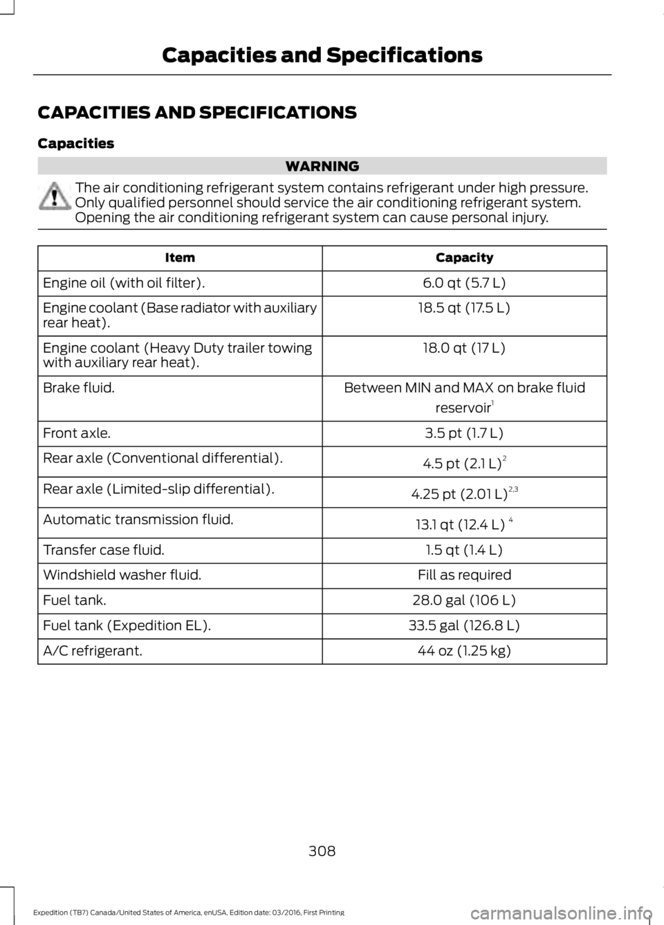FORD EXPEDITION EL 2017 Owners Manual CAPACITIES AND SPECIFICATIONS
Capacities
WARNING
The air conditioning refrigerant system contains refrigerant under high pressure.Only qualified personnel should service the air conditioning refrigera FORD EXPEDITION EL 2017 Owners Manual CAPACITIES AND SPECIFICATIONS
Capacities
WARNING
The air conditioning refrigerant system contains refrigerant under high pressure.Only qualified personnel should service the air conditioning refrigera