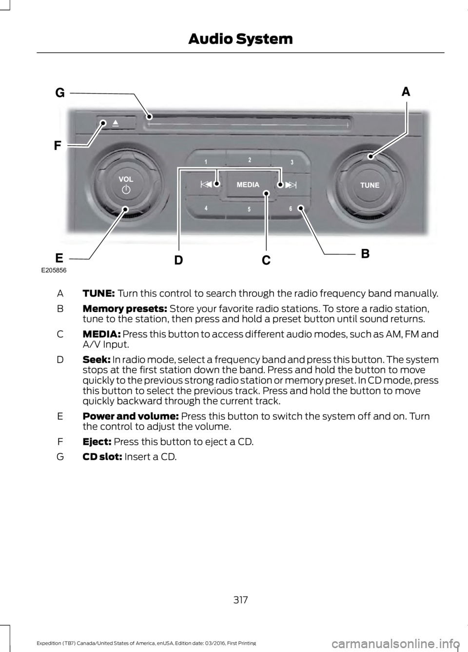 FORD EXPEDITION EL 2017 Owners Manual TUNE: Turn this control to search through the radio frequency band manually.A
Memory presets: Store your favorite radio stations. To store a radio station,tune to the station, then press and hold a pr FORD EXPEDITION EL 2017 Owners Manual TUNE: Turn this control to search through the radio frequency band manually.A
Memory presets: Store your favorite radio stations. To store a radio station,tune to the station, then press and hold a pr