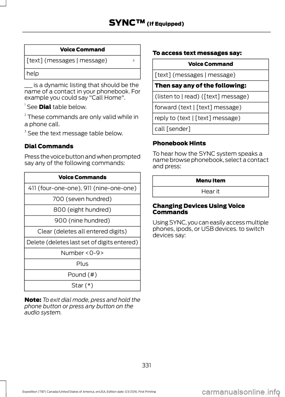 FORD EXPEDITION EL 2017  Owners Manual Voice Command
3[text] (messages | message)
help
___ is a dynamic listing that should be thename of a contact in your phonebook. Forexample you could say "Call Home".1 See Dial table below.2 Th