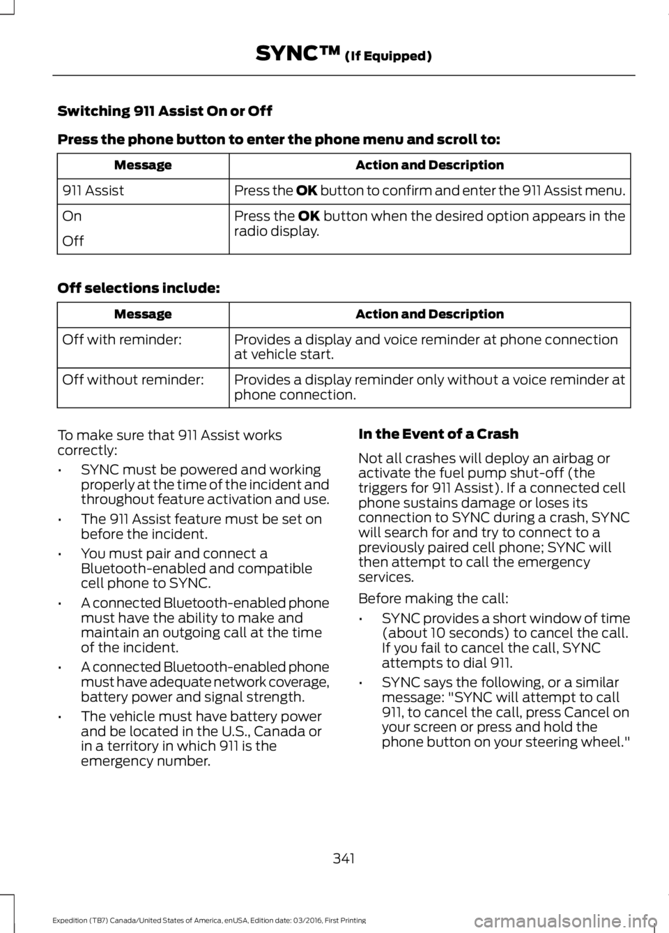 FORD EXPEDITION EL 2017  Owners Manual Switching 911 Assist On or Off
Press the phone button to enter the phone menu and scroll to:
Action and DescriptionMessage
Press the OK button to confirm and enter the 911 Assist menu.911 Assist
Press