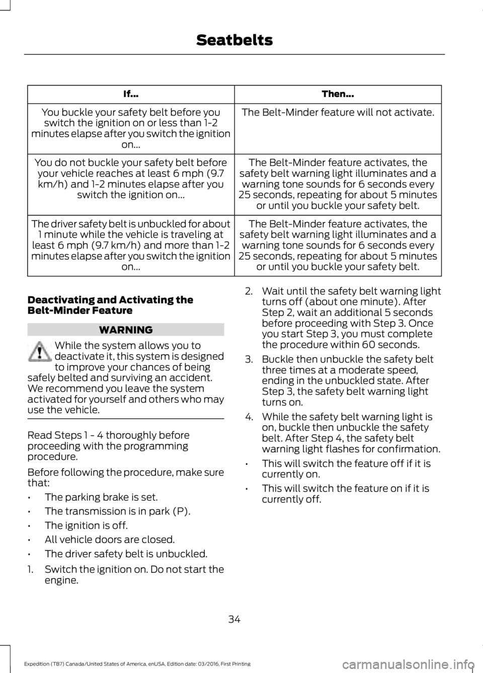 FORD EXPEDITION EL 2017  Owners Manual Then...If...
The Belt-Minder feature will not activate.You buckle your safety belt before youswitch the ignition on or less than 1-2minutes elapse after you switch the ignitionon...
The Belt-Minder fe