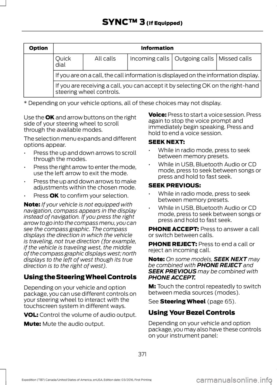 FORD EXPEDITION EL 2017 Owners Manual InformationOption
Missed callsOutgoing callsIncoming callsAll callsQuickdial
If you are on a call, the call information is displayed on the information display.
If you are receiving a call, you can ac FORD EXPEDITION EL 2017 Owners Manual InformationOption
Missed callsOutgoing callsIncoming callsAll callsQuickdial
If you are on a call, the call information is displayed on the information display.
If you are receiving a call, you can ac