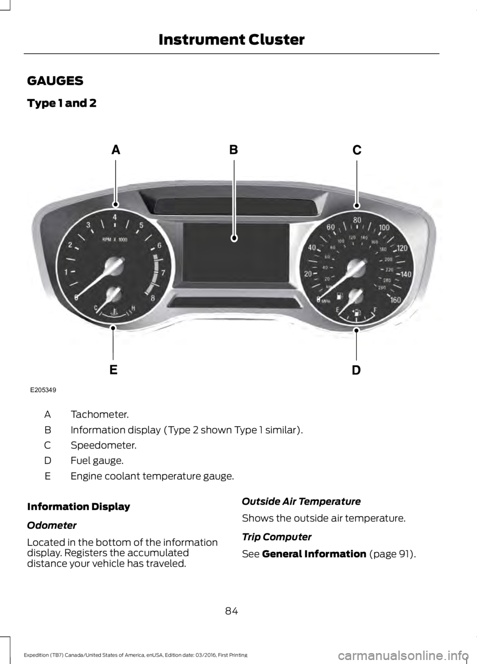 FORD EXPEDITION EL 2017 Owners Manual GAUGES
Type 1 and 2
Tachometer.A
Information display (Type 2 shown Type 1 similar).B
Speedometer.C
Fuel gauge.D
Engine coolant temperature gauge.E
Information Display
Odometer
Located in the bottom of FORD EXPEDITION EL 2017 Owners Manual GAUGES
Type 1 and 2
Tachometer.A
Information display (Type 2 shown Type 1 similar).B
Speedometer.C
Fuel gauge.D
Engine coolant temperature gauge.E
Information Display
Odometer
Located in the bottom of