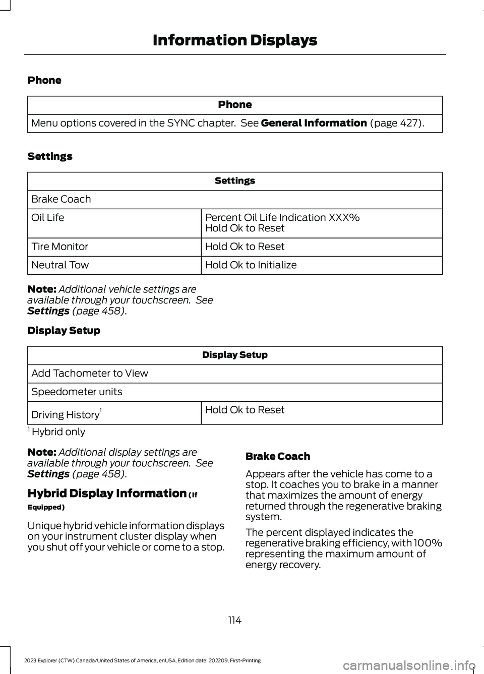 FORD EXPLORER 2023 Owners Manual Phone
Phone
Menu options covered in the SYNC chapter. See General Information (page 427).
Settings
Settings
Brake Coach
Percent Oil Life Indication XXX%Hold Ok to ResetOil Life
Hold Ok to ResetTire Mo FORD EXPLORER 2023 Owners Manual Phone
Phone
Menu options covered in the SYNC chapter. See General Information (page 427).
Settings
Settings
Brake Coach
Percent Oil Life Indication XXX%Hold Ok to ResetOil Life
Hold Ok to ResetTire Mo