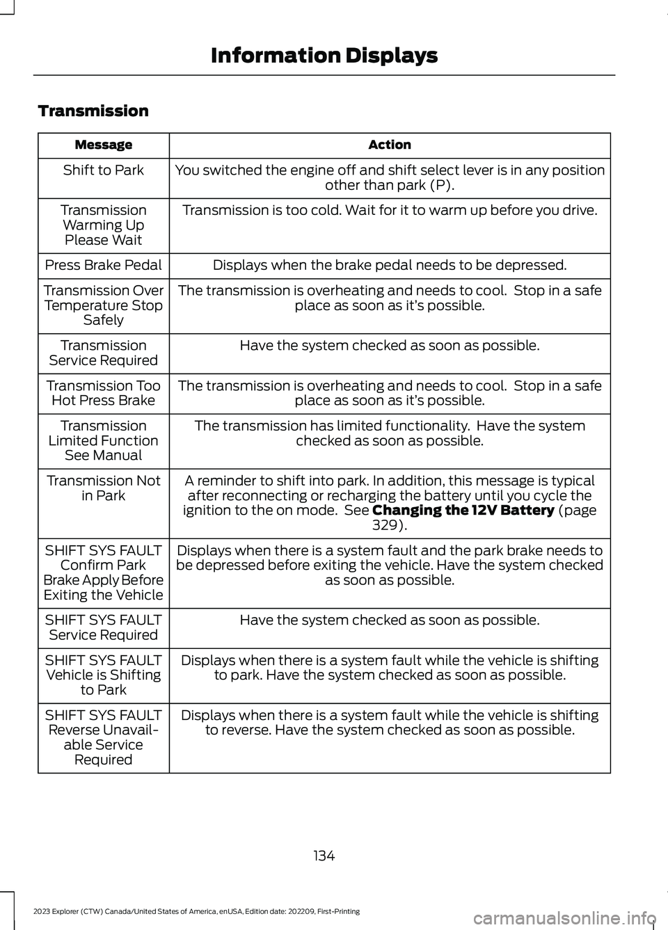 FORD EXPLORER 2023  Owners Manual Transmission
ActionMessage
You switched the engine off and shift select lever is in any positionother than park (P).Shift to Park
Transmission is too cold. Wait for it to warm up before you drive.Tran