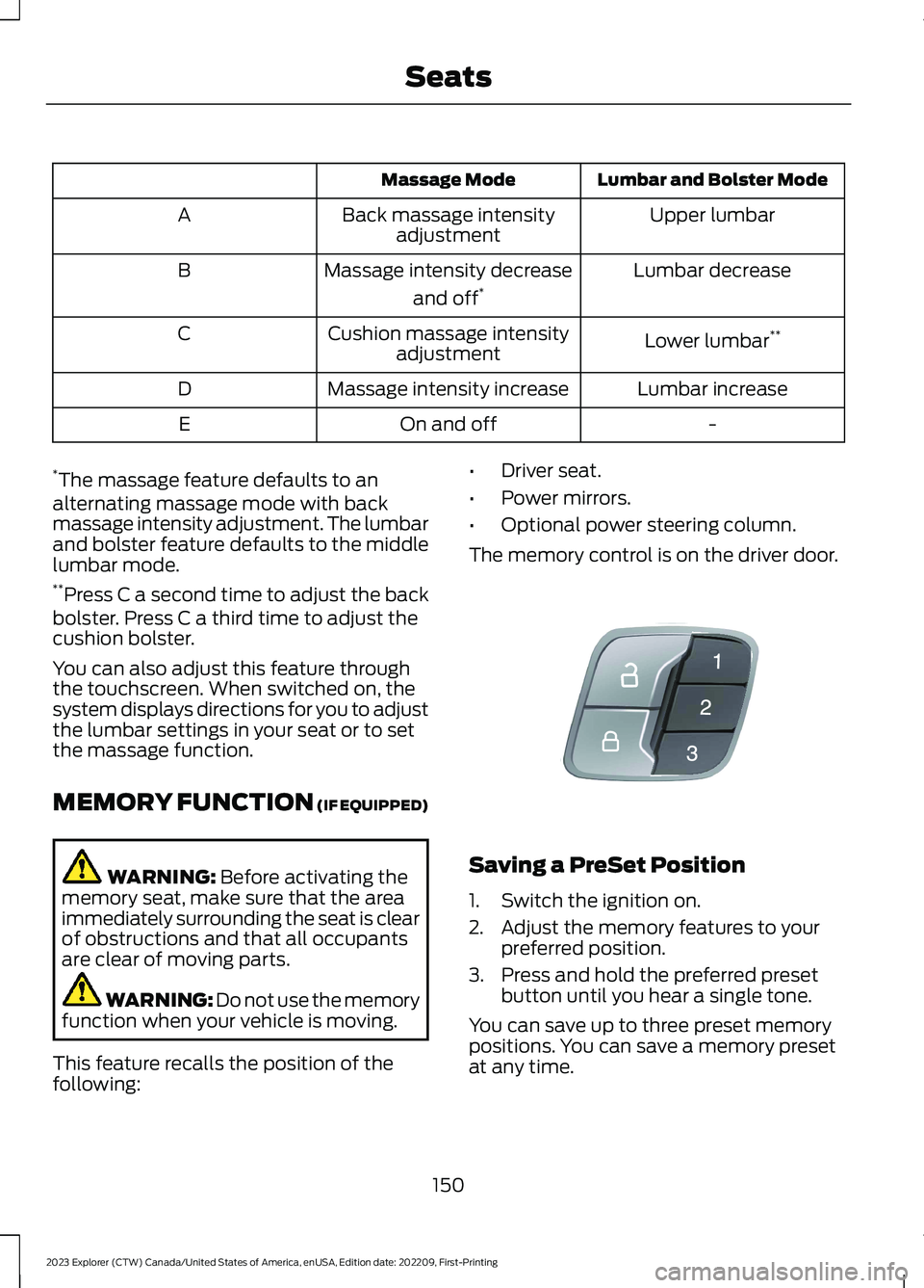 FORD EXPLORER 2023  Owners Manual Lumbar and Bolster ModeMassage Mode
Upper lumbarBack massage intensityadjustmentA
Lumbar decreaseMassage intensity decrease
and off*B
Lower lumbar**Cushion massage intensityadjustmentC
Lumbar increase