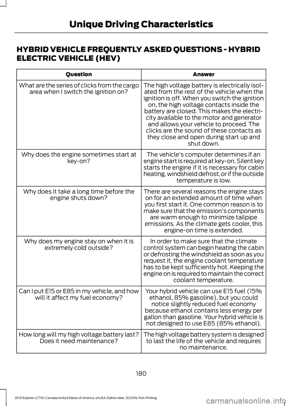 FORD EXPLORER 2023 Owners Manual HYBRID VEHICLE FREQUENTLY ASKED QUESTIONS - HYBRID
ELECTRIC VEHICLE (HEV)
AnswerQuestion
The high voltage battery is electrically isol-ated from the rest of the vehicle when theignition is off. When y FORD EXPLORER 2023 Owners Manual HYBRID VEHICLE FREQUENTLY ASKED QUESTIONS - HYBRID
ELECTRIC VEHICLE (HEV)
AnswerQuestion
The high voltage battery is electrically isol-ated from the rest of the vehicle when theignition is off. When y