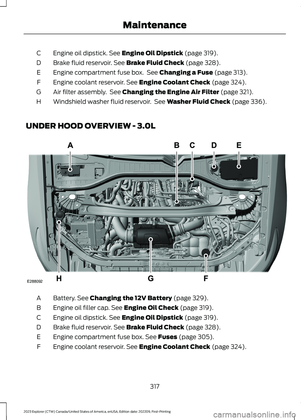 FORD EXPLORER 2023 Owners Manual Engine oil dipstick. See Engine Oil Dipstick (page 319).C
Brake fluid reservoir. See Brake Fluid Check (page 328).D
Engine compartment fuse box. See Changing a Fuse (page 313).E
Engine coolant reservo FORD EXPLORER 2023 Owners Manual Engine oil dipstick. See Engine Oil Dipstick (page 319).C
Brake fluid reservoir. See Brake Fluid Check (page 328).D
Engine compartment fuse box. See Changing a Fuse (page 313).E
Engine coolant reservo