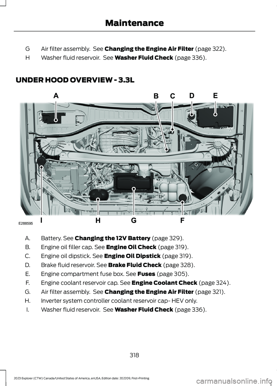 FORD EXPLORER 2023 Owners Manual Air filter assembly. See Changing the Engine Air Filter (page 322).G
Washer fluid reservoir. See Washer Fluid Check (page 336).H
UNDER HOOD OVERVIEW - 3.3L
Battery. See Changing the 12V Battery (page FORD EXPLORER 2023 Owners Manual Air filter assembly. See Changing the Engine Air Filter (page 322).G
Washer fluid reservoir. See Washer Fluid Check (page 336).H
UNDER HOOD OVERVIEW - 3.3L
Battery. See Changing the 12V Battery (page