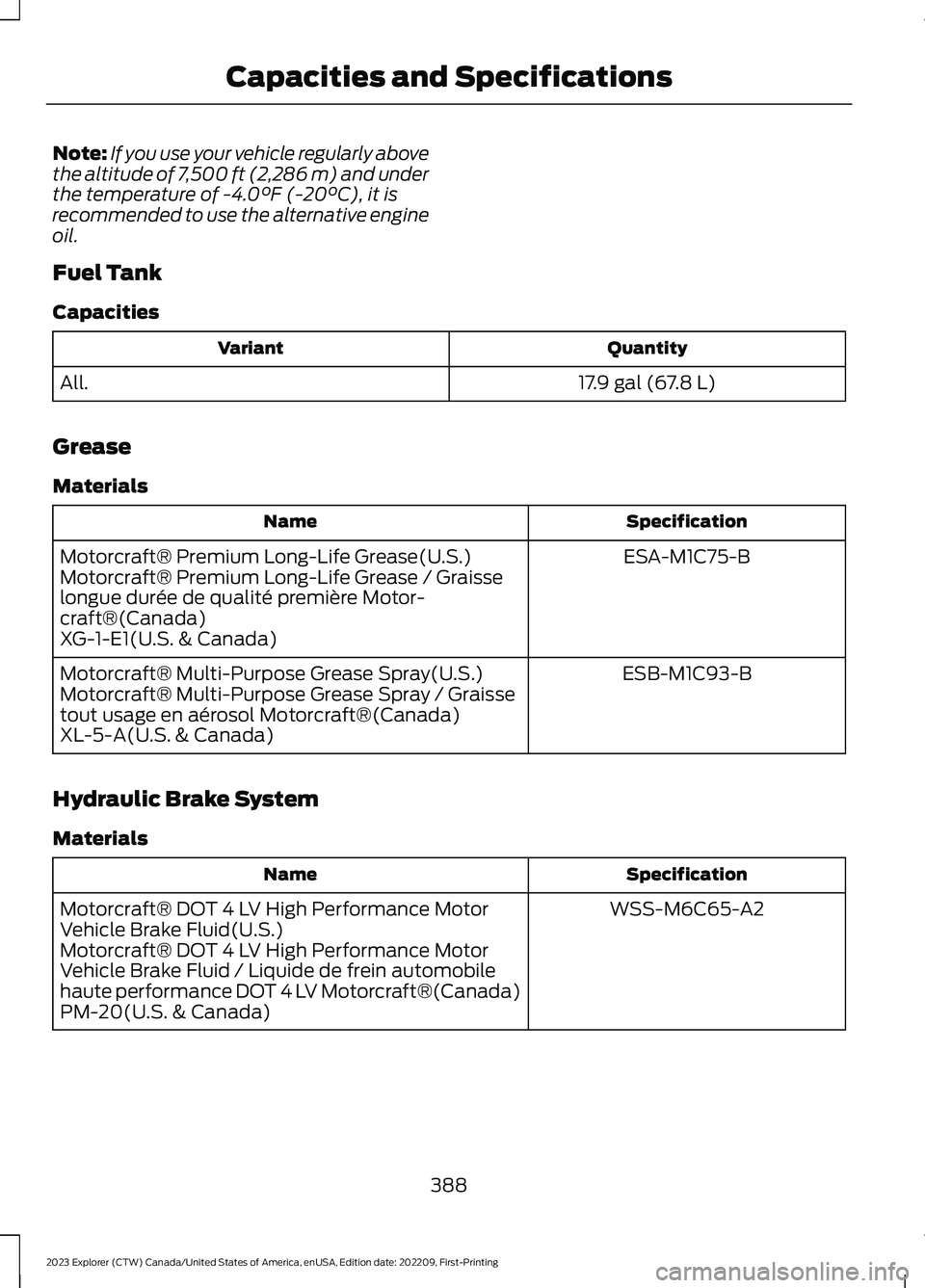 FORD EXPLORER 2023  Owners Manual Note:If you use your vehicle regularly abovethe altitude of 7,500 ft (2,286 m) and underthe temperature of -4.0°F (-20°C), it isrecommended to use the alternative engineoil.
Fuel Tank
Capacities
Qua