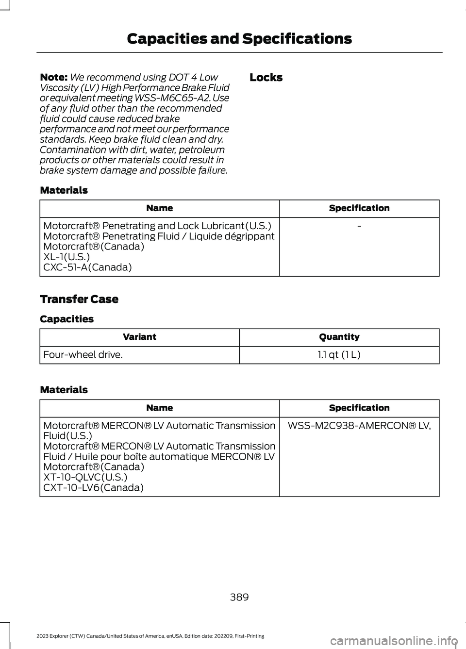FORD EXPLORER 2023  Owners Manual Note:We recommend using DOT 4 LowViscosity (LV) High Performance Brake Fluidor equivalent meeting WSS-M6C65-A2. Useof any fluid other than the recommendedfluid could cause reduced brakeperformance and