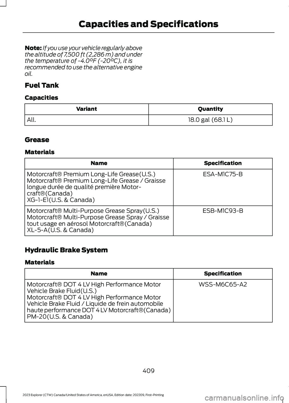 FORD EXPLORER 2023 Owners Manual Note:If you use your vehicle regularly abovethe altitude of 7,500 ft (2,286 m) and underthe temperature of -4.0°F (-20°C), it isrecommended to use the alternative engineoil.
Fuel Tank
Capacities
Qua FORD EXPLORER 2023 Owners Manual Note:If you use your vehicle regularly abovethe altitude of 7,500 ft (2,286 m) and underthe temperature of -4.0°F (-20°C), it isrecommended to use the alternative engineoil.
Fuel Tank
Capacities
Qua